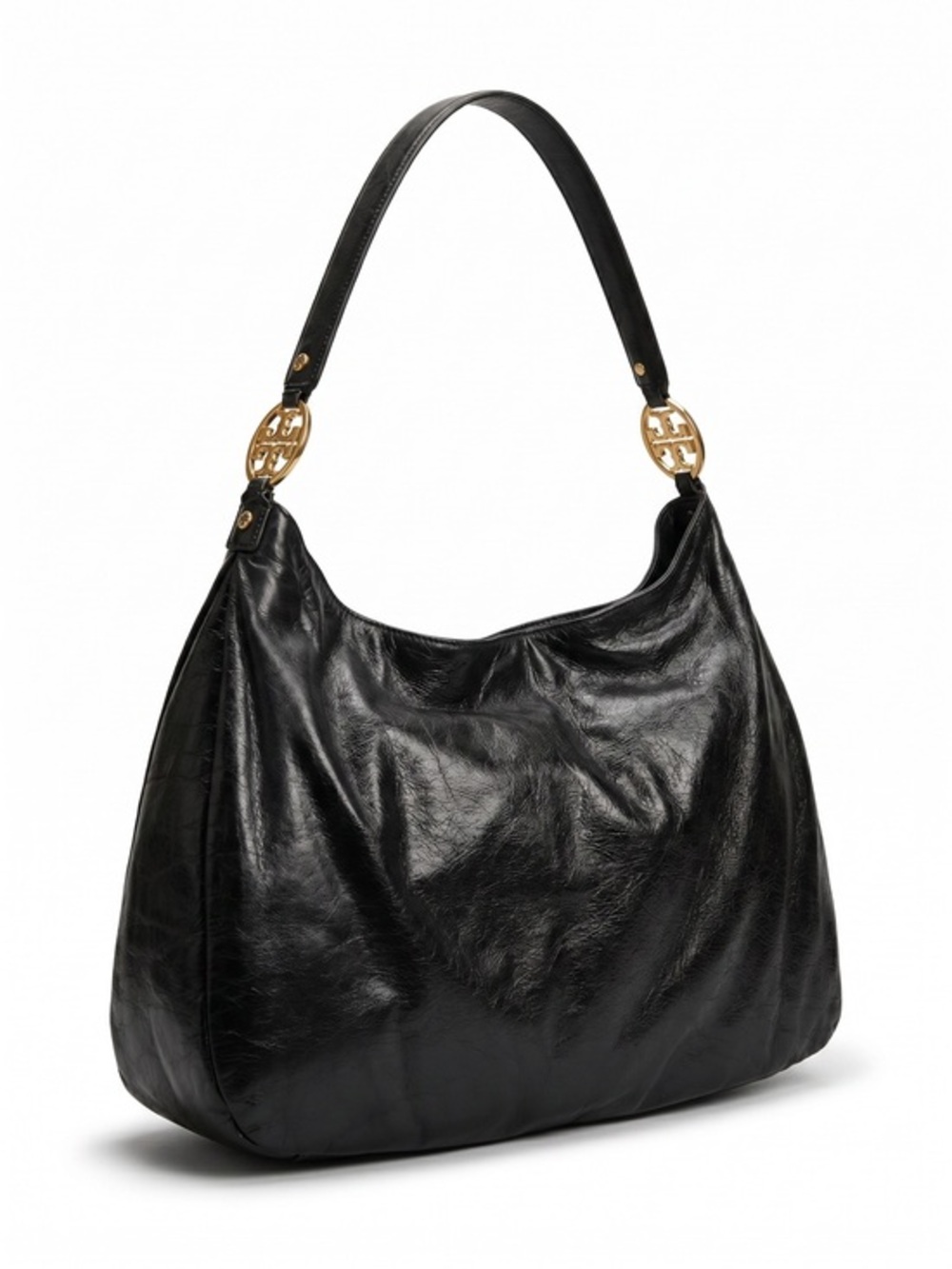 Tory Burch Black Leather Hobo Shoulder Bag Gold Logo Medallions VGUC